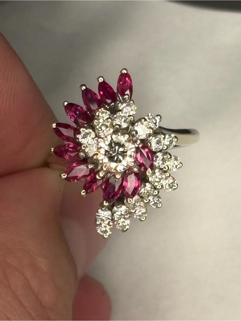 Vintage Diamond and Ruby 14k white gold Cluster Cocktail Ring 4900$